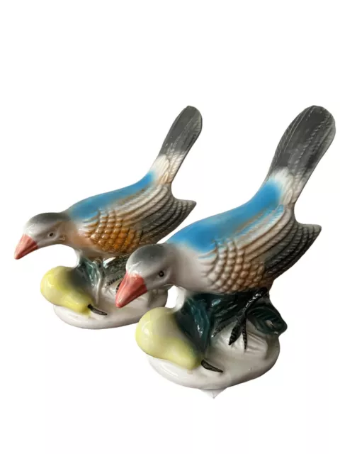 Pair Vintage Lusterware Bird Avifauna With Pear Made in Brazil Ceramic Figurine