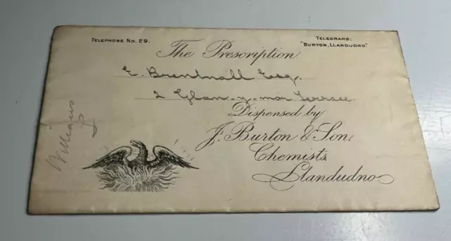 Antique Prescription Envelope J Burton & Son Chemist Llandudno To Mr E Bramhall