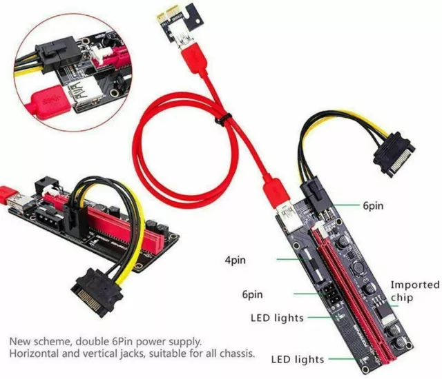 6 x VER009S PCI-E Riser Card PCIe 1x to 16x USB 3.0 Data Cable Bitcoin Mining