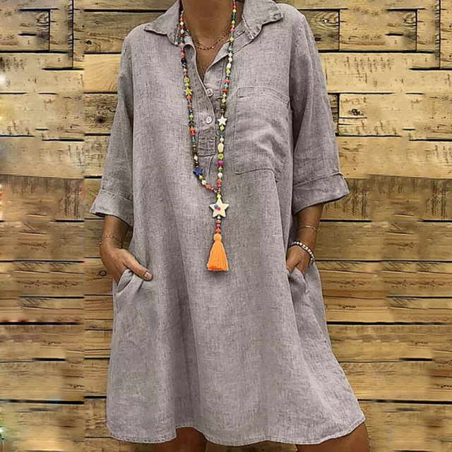 Womens Summer Cotton Linen Midi Dress Ladies Casual Loose Pocket Dresses  G *