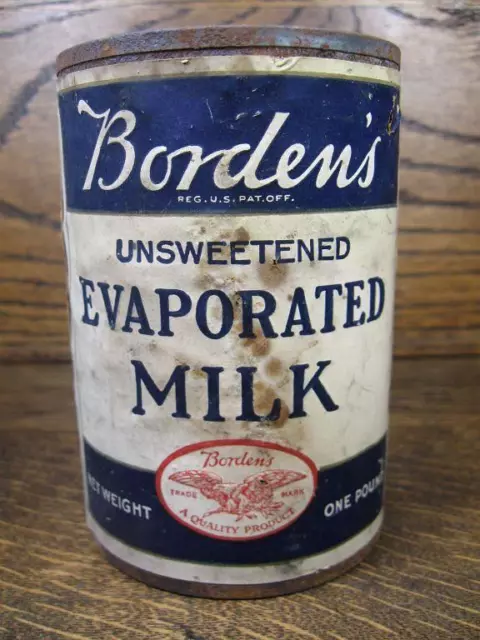 VINTAGE 1920s BORDEN'S UNSWEETENED EVAPORATED Milk TIN w/ PAPER LABEL 1 LB SIZE