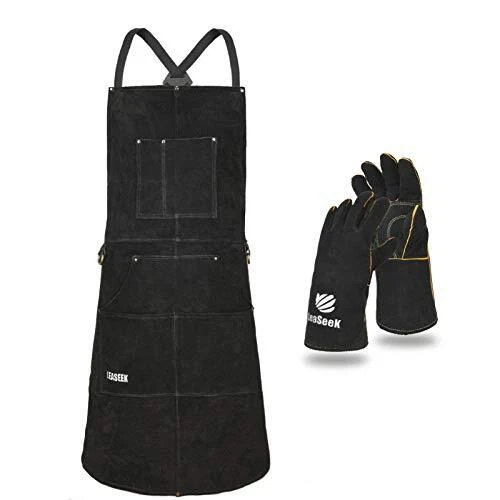 Leather Welding ApronHeat & Flame-Resistant Heavy Duty Work Apron with 6 Pocket