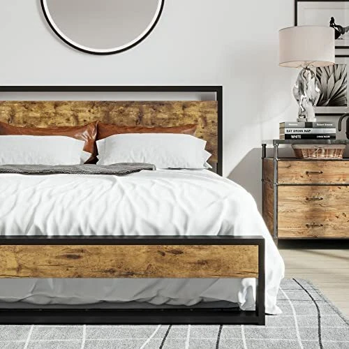 BED FRAME WITH Wood Headboard and Footboard, Heavy Duty Metal Full