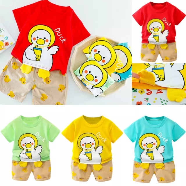 Summer Baby Boys Girls Short Outfits Cartoon Duck Printed Tops Short Pants 2Sets
