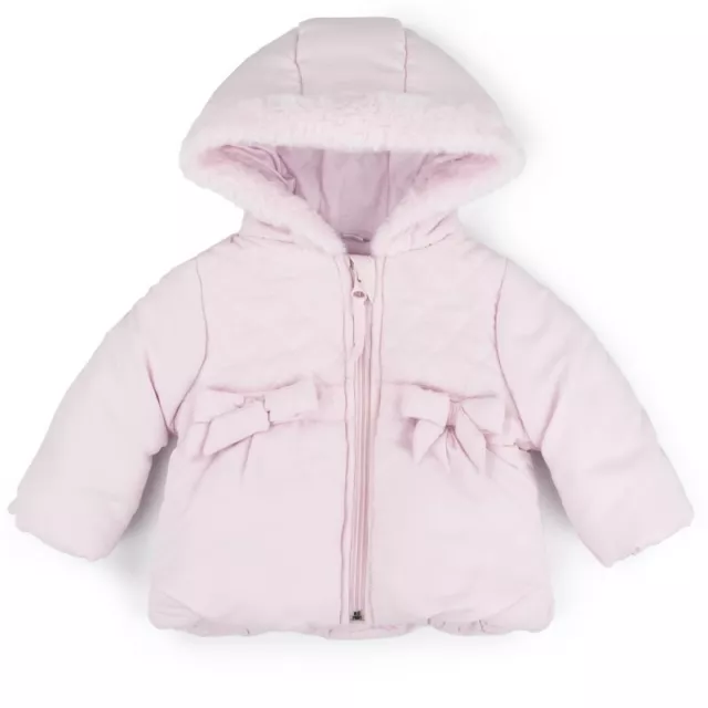 BNWT Baby Girls Quilted Coat with Faux Fur Trim & Bows Microfibre Hooded Jacket