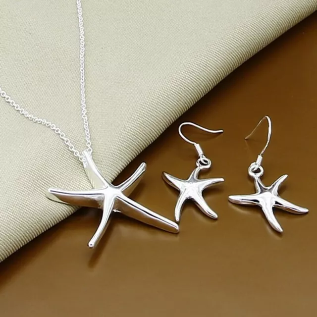 Women's 925 Sterling Silver Starfish Pendant Necklace Earrings Jewellery Sets