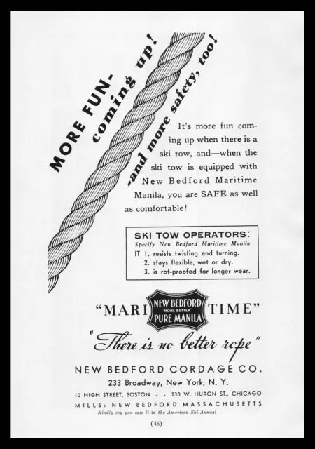 1938 New Bedford Cordage Co. New York Pure Manila Ropes Ski Tow Vintage Print Ad