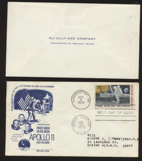 C76 Moon Landing 1stEli Liilly Cachet Addressed 1969 Dual Cancel Apollo 11 FDC