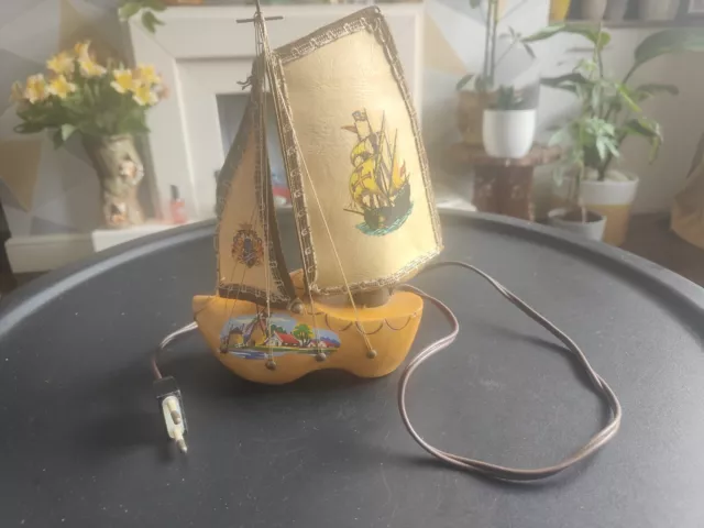 Vintage 1960s Dutch Wooden Clog Galleon Ship Boat Table Lamp FREE UK POSTAGE