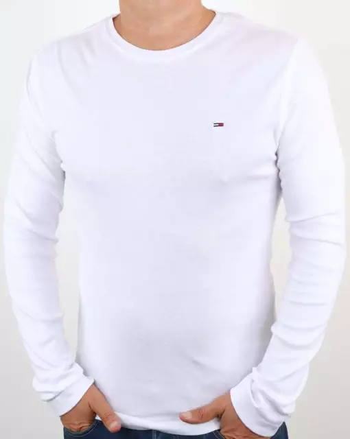 Tommy Hilfiger Organic Rib Cotton Long Sleeve T Shirt in White - crew neck tee