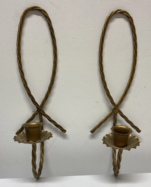 Vintage Pair MCM Twisted Vines Floral Metal Rope Candle Wall Sconces Golden 12”