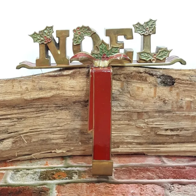 Vintage NOEL Brass & Enamel Christmas Stocking Holder Hanger Holly Berries