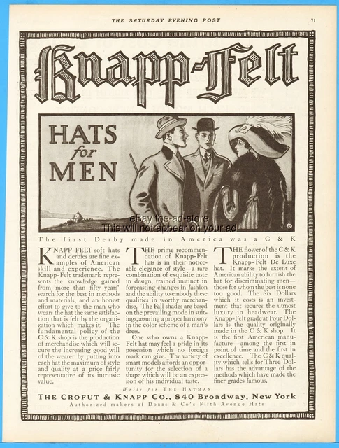 1912 Crofut & Knapp Felt Derby Hat 840 Broadway New York City Men's Fashion Ad