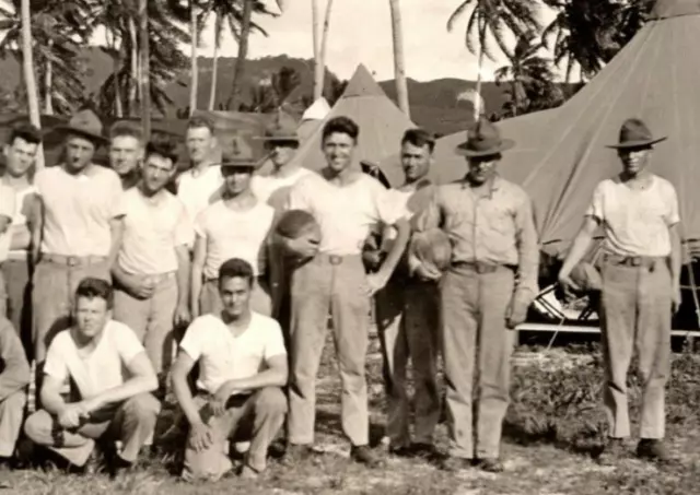 Vintage RPPC Postcard US Army Guam 41st Company Group Tents Palm Trees AZO BW