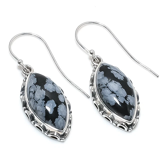 Snowflake Obsidian Gemstone 925 Solid Sterling Silver Jewelry Earring 1.75"
