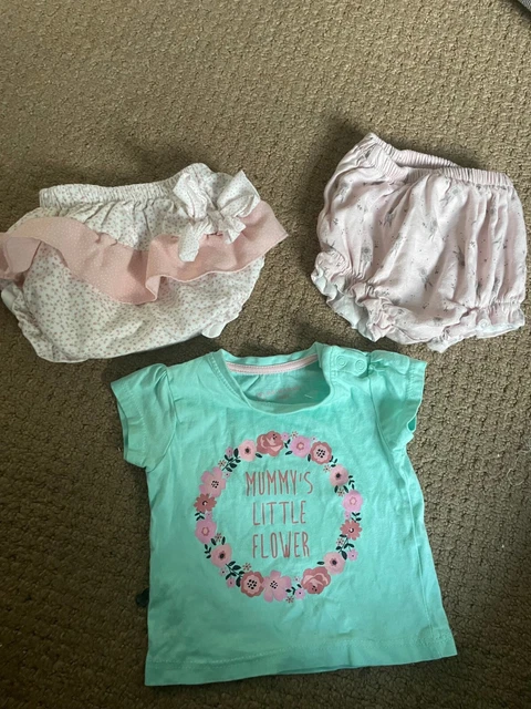 Baby Girls age 0-3 months Frilly pants x2 & t-shirt bundle