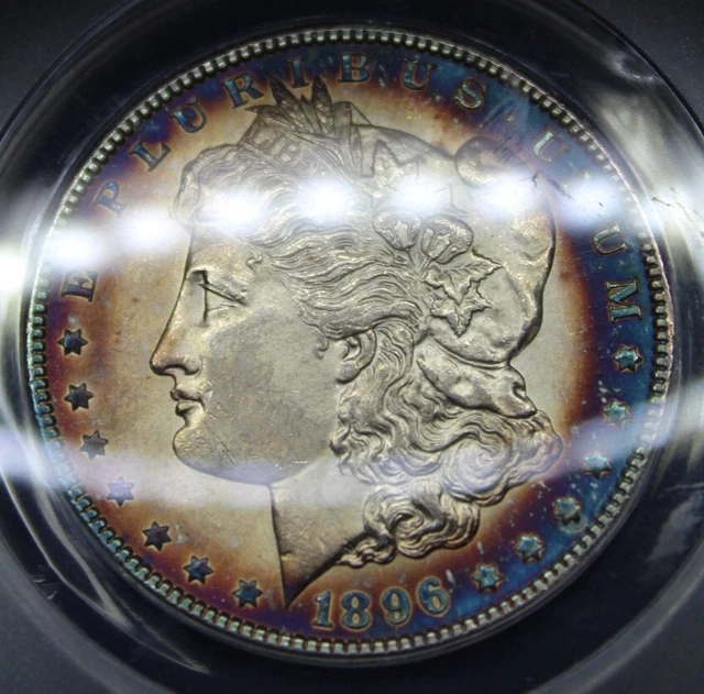 1896 P Morgan Silver Dollar Graded ANACS MS 61 Color Toning Toned Coin