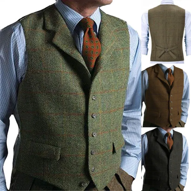 Green Mens Tweed Waistcoat Vintage Herringbone Wedding Formal Vest 42 44 46 48