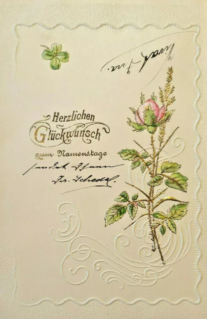 Glückwunschkarte, Namenstag, 1904, koloriert, Rose, historische Glückwunschkarte