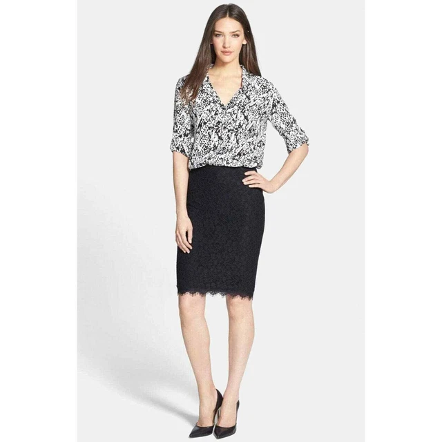 Diane Von Furstenberg Black Scotia' Lace Pencil Skirt Women's Size 4