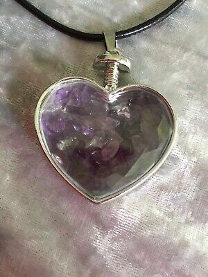 Natural Amethyst Chips Heart Glass Pendant Necklace With Black Wax Leather Cord