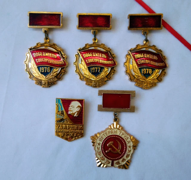 Soviet badge Winner Socialist Competition Lot 5x USSR veteran labour medal pins