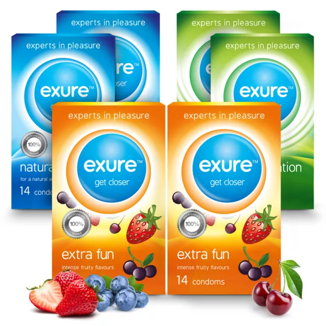 14-140pk Condoms Ribbed Natural Flavoured EXURE Safe Pleasure Discreet Packaging