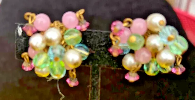 Miriam Haskell Signed Baroque Pearl Earrings Cluster Pink Green  Glass Crystals