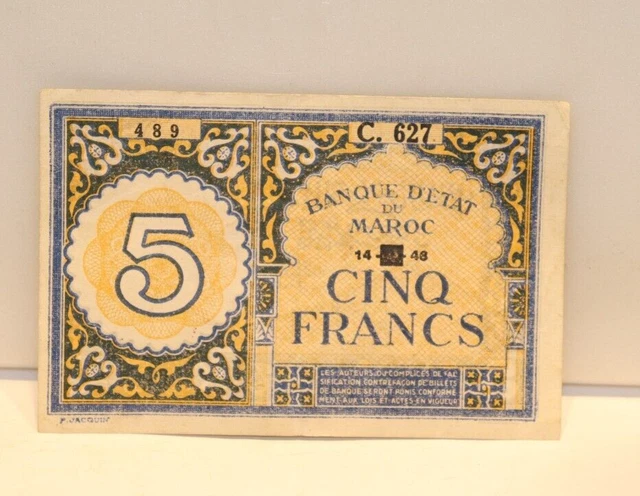 Morocco 1943 WWII First Issue 5 Francs - Banque D’Etat Du Maroc Paper Money.