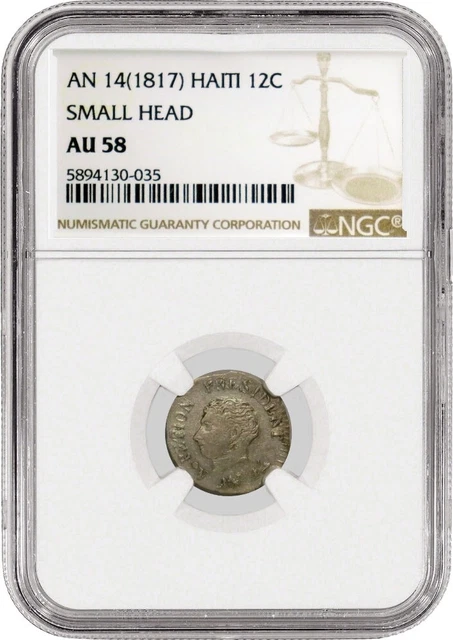 1817 AN14 12C Republic Of Haiti 12 Centimes Silver Small Head NGC AU58 Coin