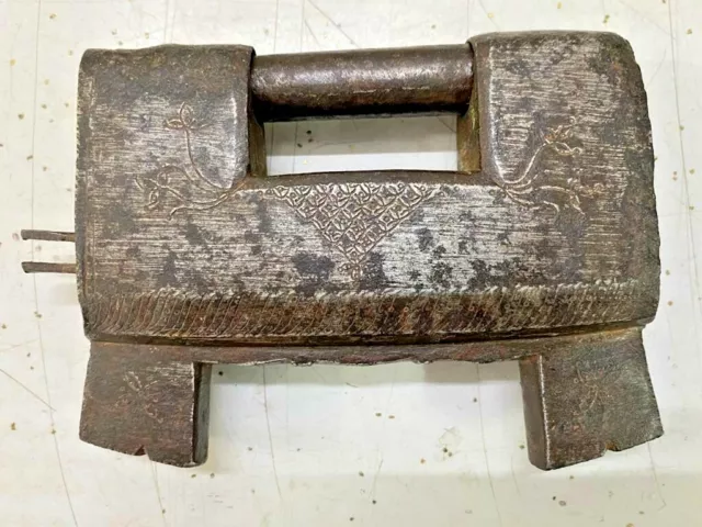 Old Vintage Handcrafted Iron Engraved Unique Solid Heavy Strip System Padlock