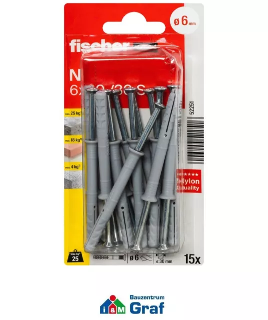 Fischer Tapones de Knock en Anclajes de Uñas N 6x60/30S con Tornillo Cabeza 15