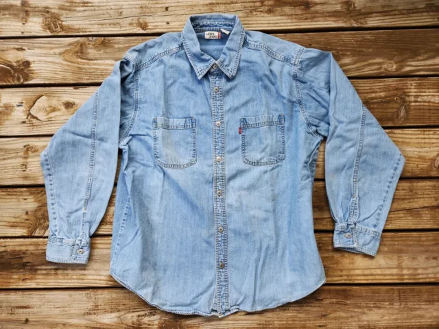 Levis Vintage, Men's Size XL, Blue Denim Jean Shirt, Metal Button Front, Red Tag