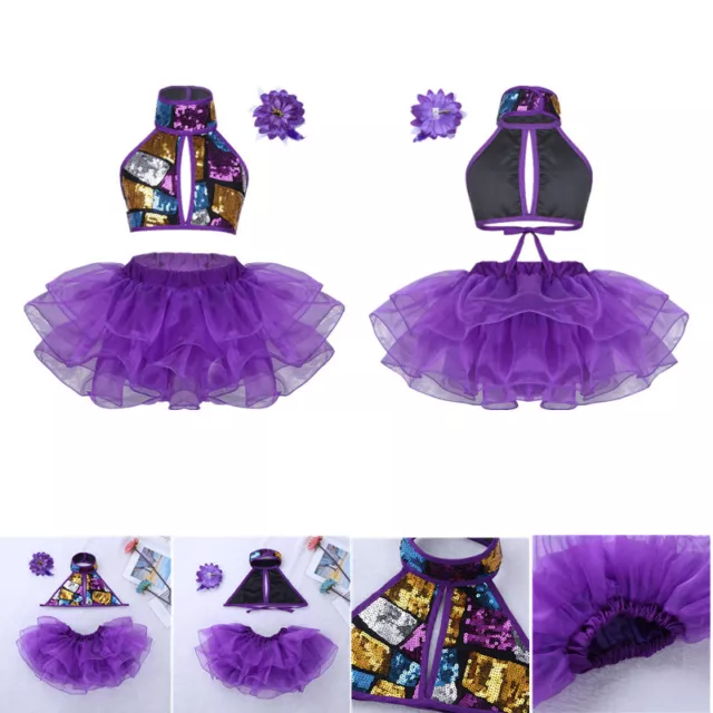 Mädchen Pailletten Tanz Kleid Crop Top+Tutu Rock Kinder Party Performance Kostüm