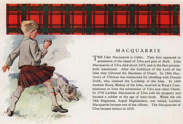 MacQuarrie. Scotland Scottish clans tartans arms 1957 old vintage print