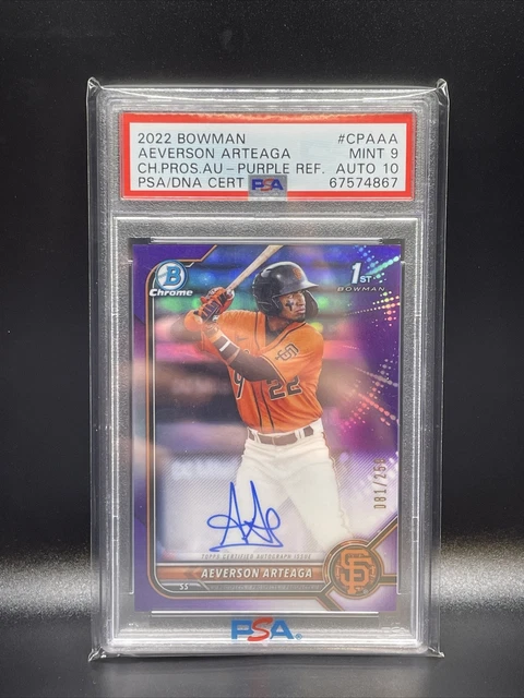 Aeverson Arteaga 2022 Bowman Chrome 1St Bowman Rc Purple Auto /250 Psa 9 10