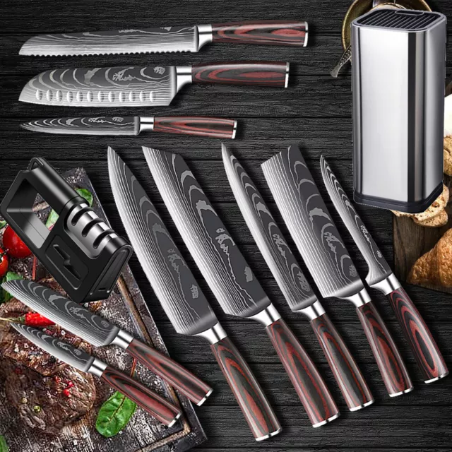 12PC Wood Handle Japanese Kitchen Knives Laser Damascus Pattern Chef Knife Set