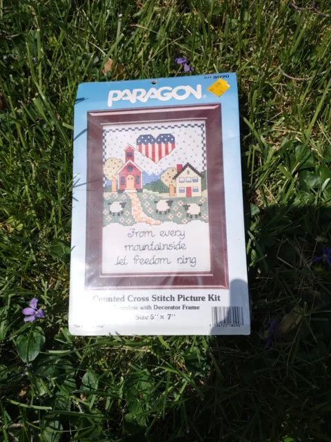 Vtg Cross Stitch Kit - Paragon - 8090 LET FREEDOM RING - 14 Ct  Frame new