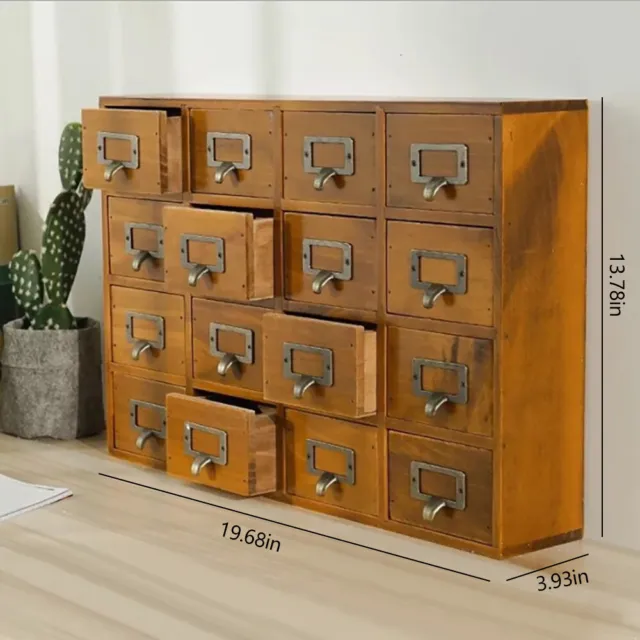 16-Grid Drawer Storage Box Dressers Label Holder Organizer Apothecary Cabinet