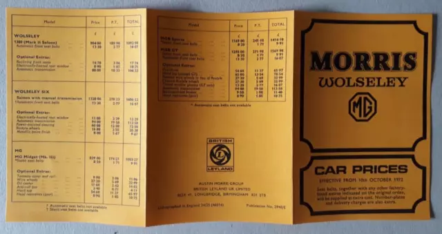 Morris Wolseley MG Price List 1972 3