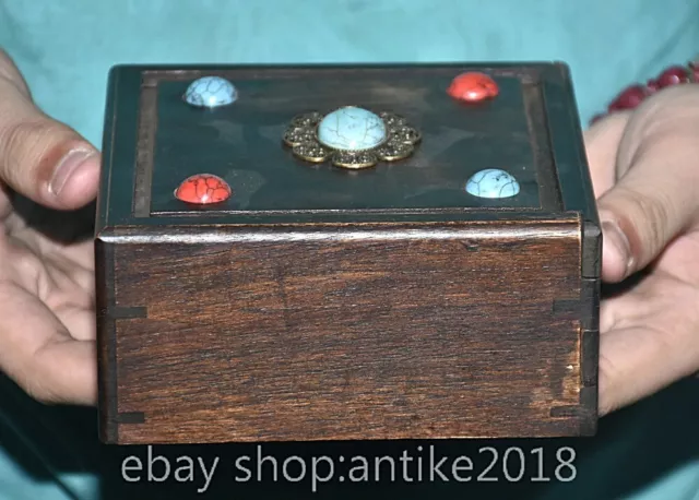 5" Rare Old Chinese Huanghuali wood Dynasty inlay gemstone 4 square box Case