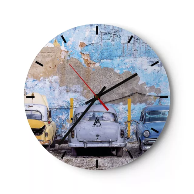 Horloge murale en verre 40x40cm Silencieuse La Havane Ancien Voitures Wall Clock