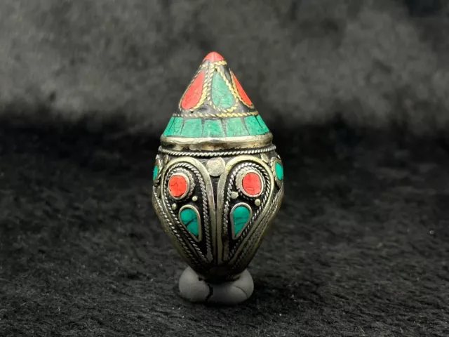 Vintage Rare Ethnic Afghan Turkmen Silver Finger Ring With Coral & Turquoise 2