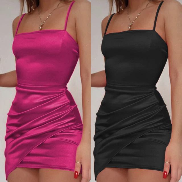 Femme Sexy Satin Soie Mini Robe Moulante Femmes à Lanière Fête Clubbing Robe *