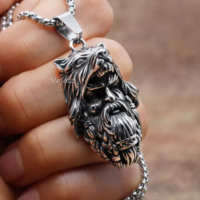 Mens Viking Tribal Wolf Head Skull Pendant Necklace Men Stainless Steel Gift