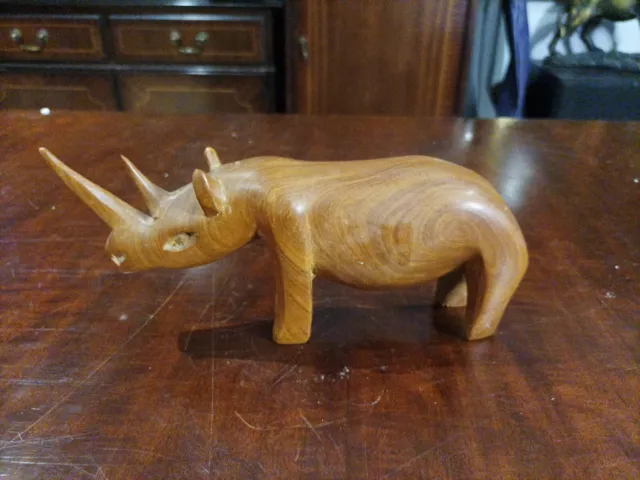 Vintage Hand Carved Wood Rhino Figure Figurine. Rhinoceros Wooden Animal