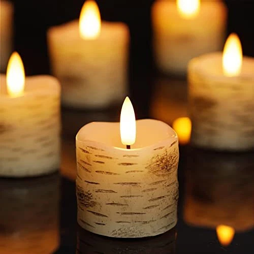 Flameless Votive Candles with Timer, 2" x 2" Birch Bark Real Wax, 400+Hour Re...