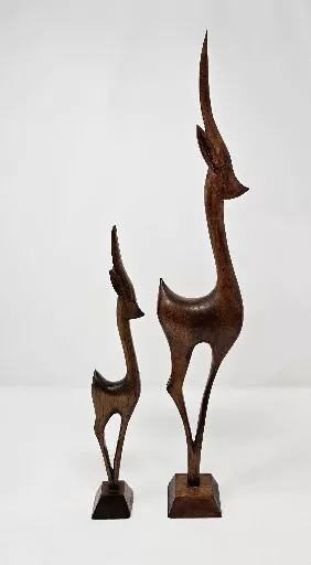 Pair of VTG Midcentury MCM  Hand-Carved Wooden Teak Gazelles Pronghorns Deer