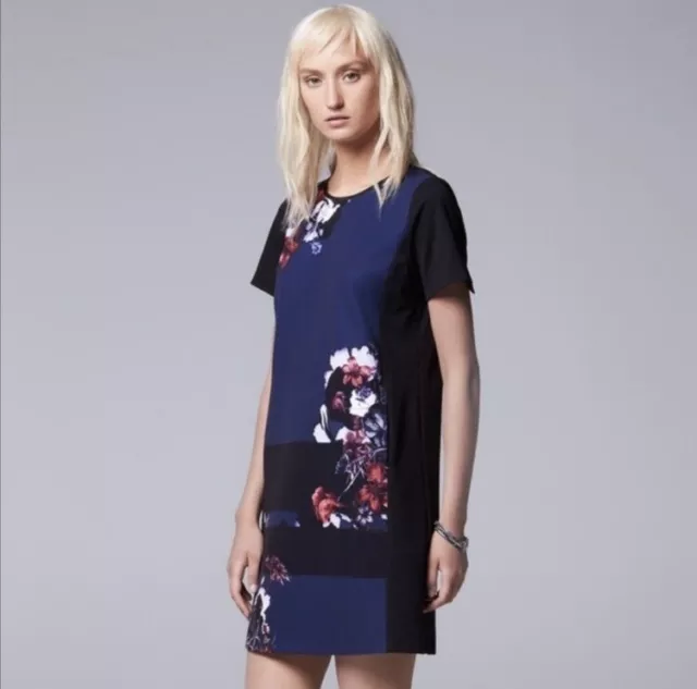 Vera Wang Women’s Black Blue Floral Shift Dress Short Sleeve Mini Size S