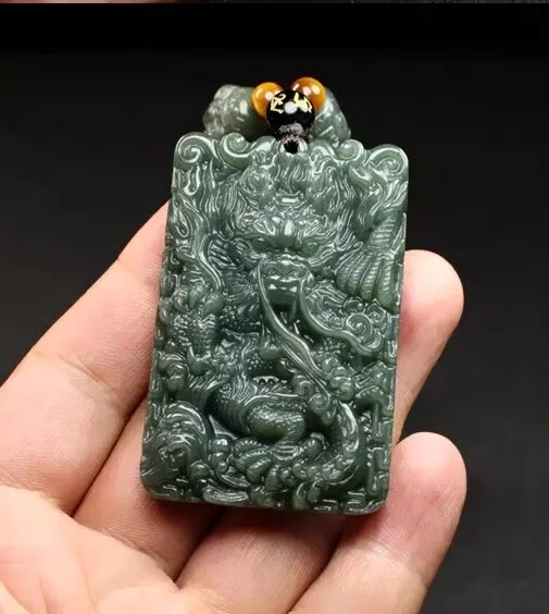 100% Chinses Hetian Jade Hand-carved Chinese Dragon Necklace Pendant Amulet 0396 2